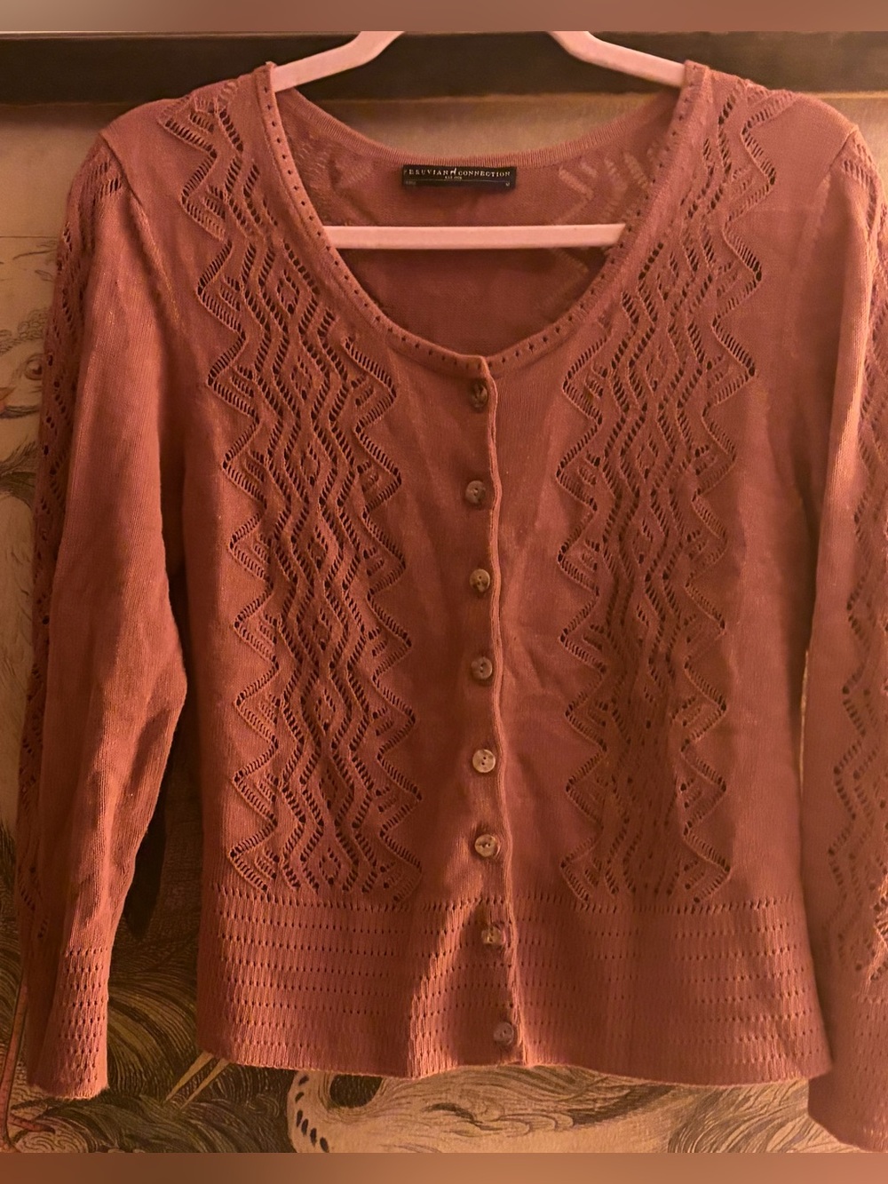 * Peruvian Connection Pink Mauve Crochet Stitch Cardigan Sweater Medium *